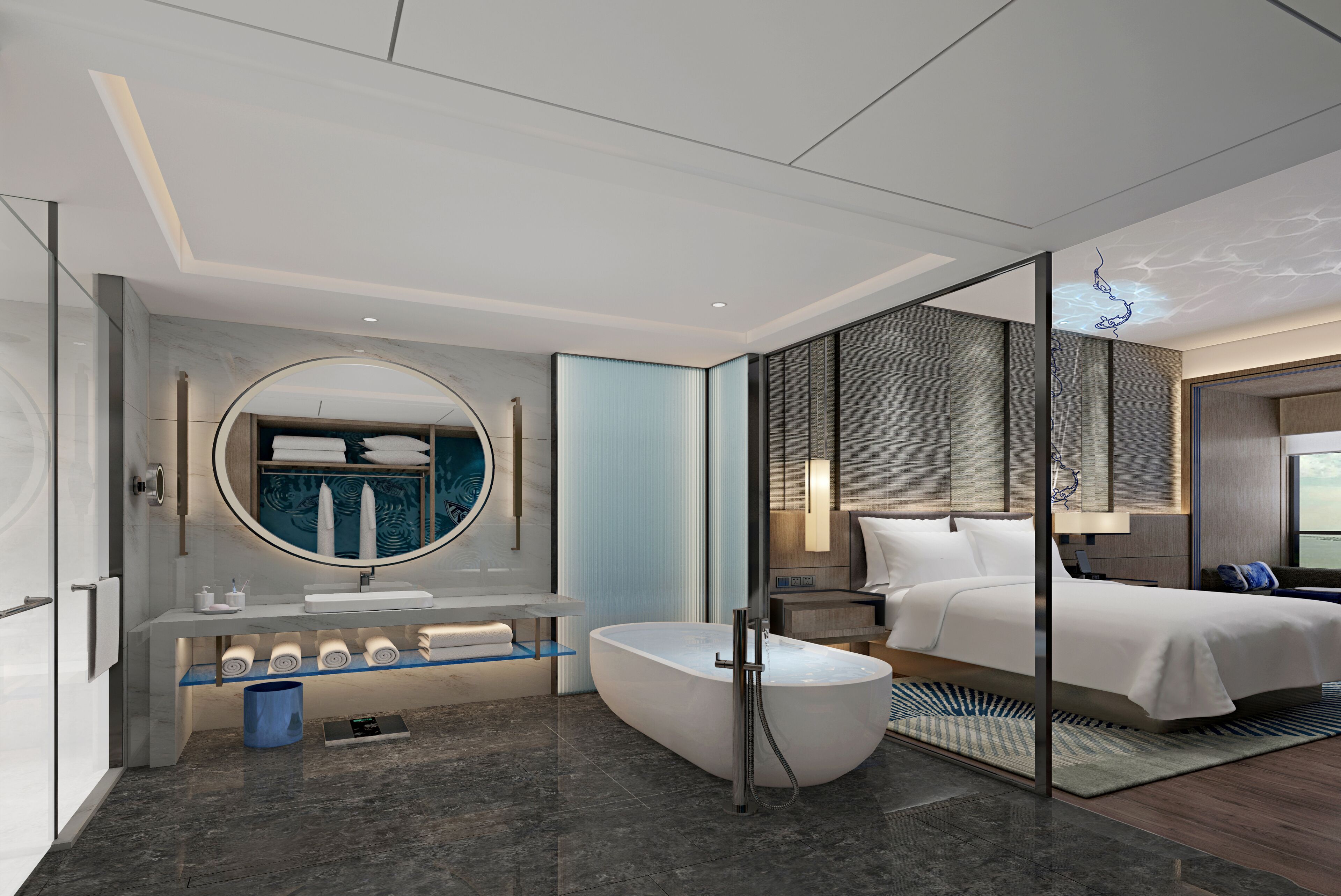 Een moderne hotelkamer met een groot bad, een ronde spiegel, een wastafelmeubel en een bed met uitzicht op de stad.
