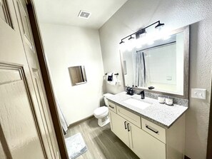 Combined shower/bathtub, hair dryer, towels, soap - Modern Queen Bed Near Medical Center Downtown Galleria Art Gallery (Houston)