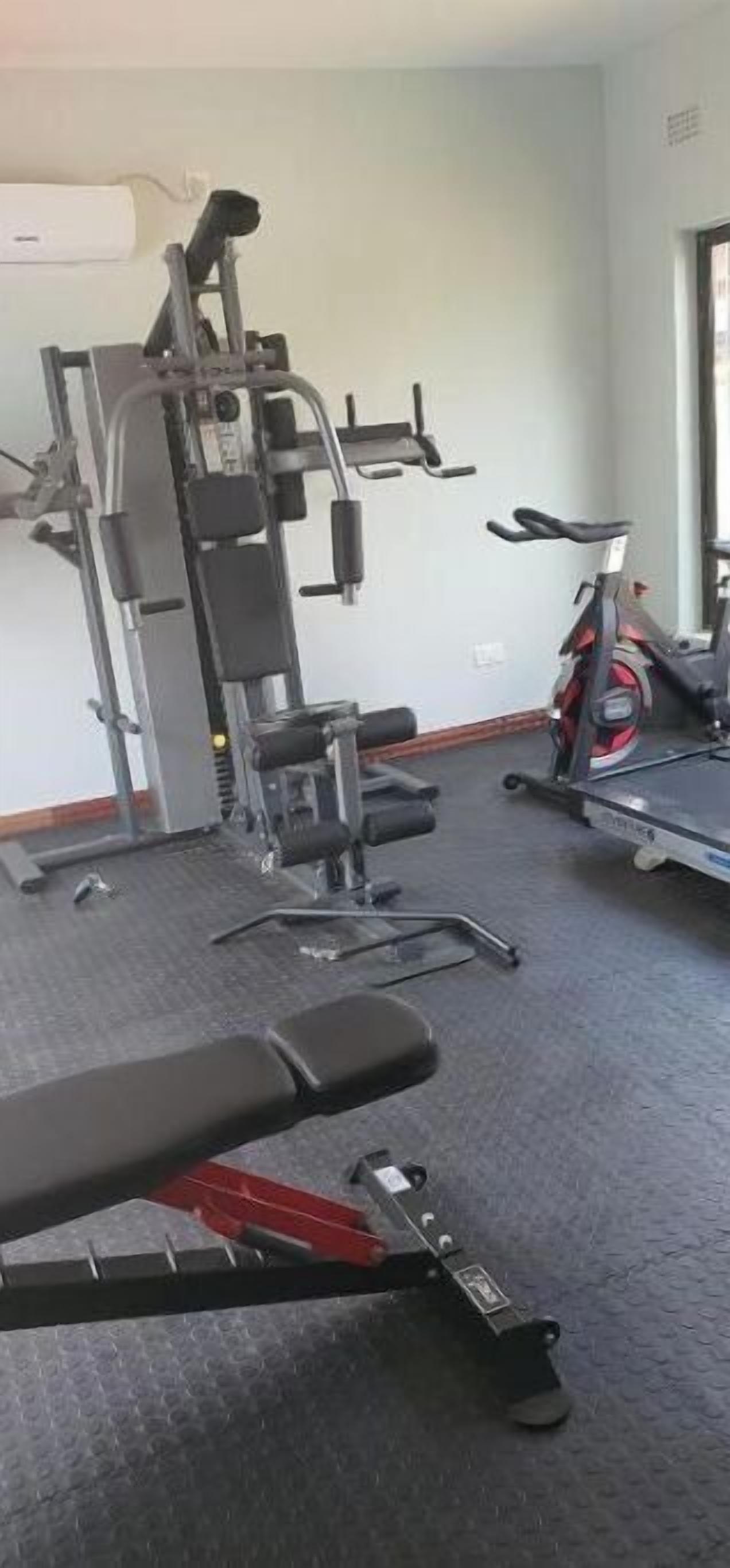 A gym with exercise equipment, a bench, and a stationary bike.