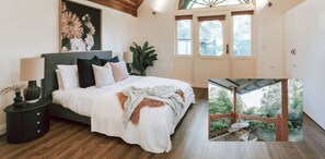 A bedroom with a bed, nightstand, and a large window. There are signs indicating free parking, Netflix, and Wi-Fi.