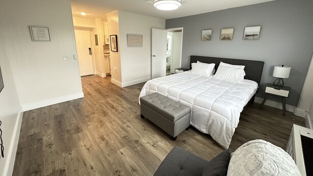 A bedroom with a large bed, a bench, a bedside table, and a ceiling fan. - Cozy 1 Bedroom Apartment in Downtown Gadsden, AL (Gadsden)