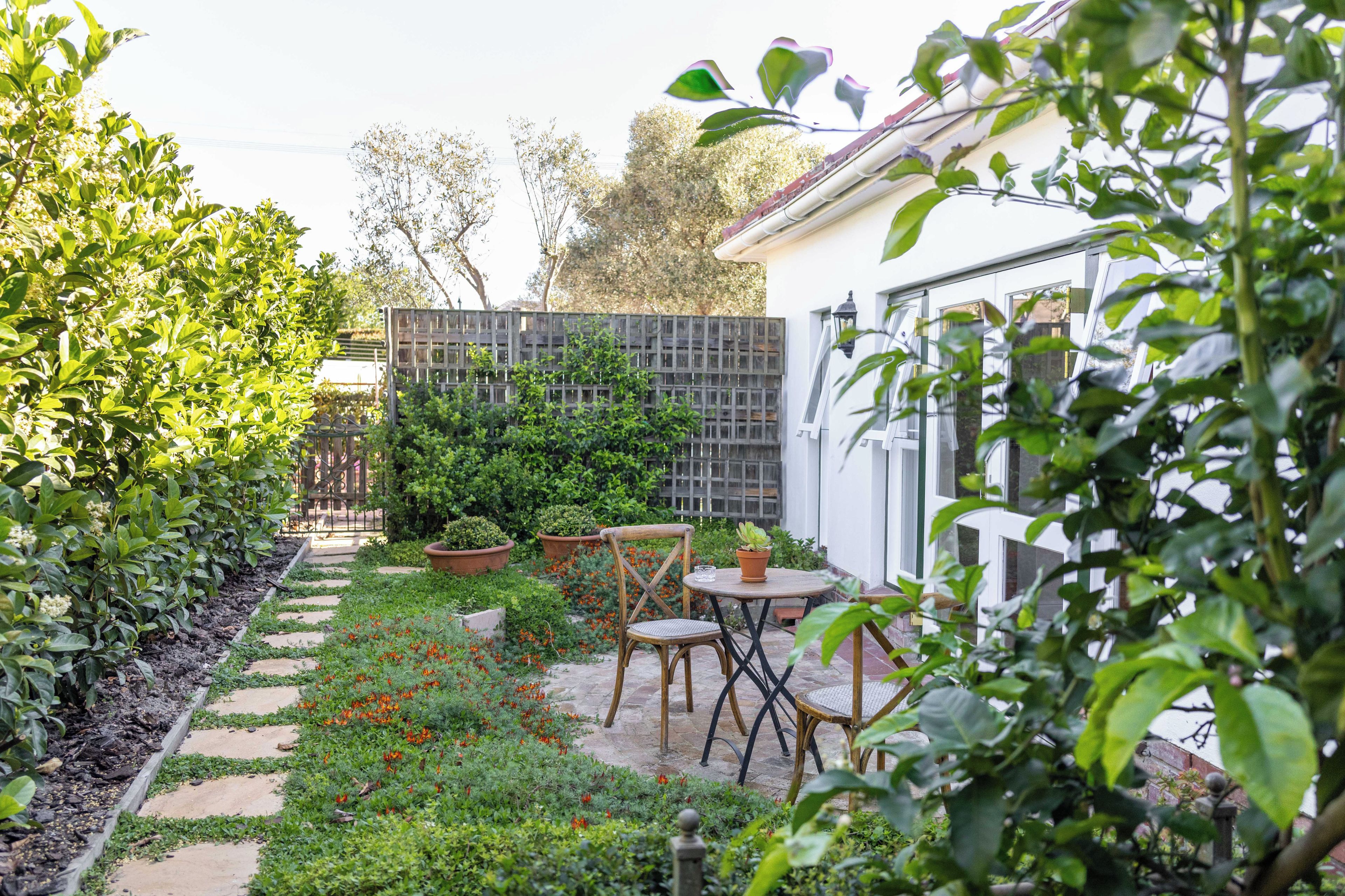 Un jardín con un camino, plantas en macetas y mobiliario exterior.