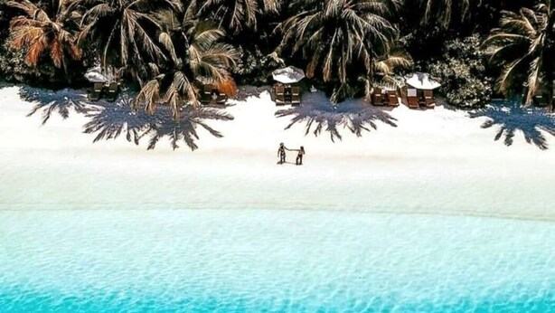 Ein Strand mit klarem türkisblauem Wasser, Palmen und ein Paar, das spazieren geht.