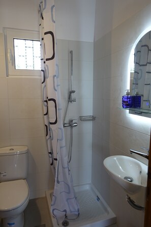 Shower, hair dryer, towels, soap