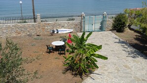 A patio area with a stone floor, a table with chairs, a banana plant, and a view of the sea.