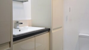 A bathroom with a white sink, a mirror above it, and a toilet.