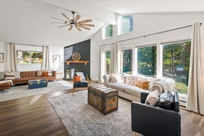 Smart TV, fireplace, video games, table football