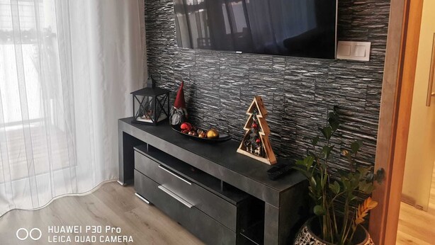 Un salon moderne doté d’un grand téléviseur à écran plat fixé sur un mur à texture, d’une console sombre agrémentée d’objets décoratifs et d’une plante en pot.