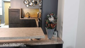 Une cuisine moderne avec des meubles de couleur sombre, un plan de travail en granit et un arbre de Noël décoratif.
