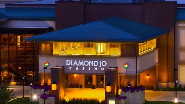 The exterior of a building with a sign reading "Diamond Jo Casino". - The (Veteran Owned) Hanover Hangout Guesthouse - cozy cottage w/ privacy + fun (Hanover)