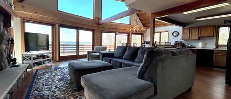 TV, fireplace, books