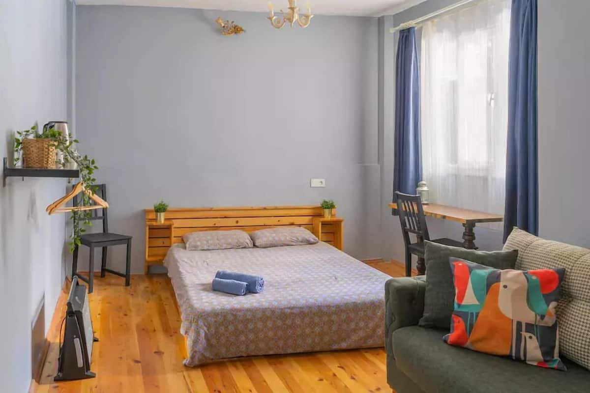 A small, cozy room with a bed, a sofa, a dining table, and a hanging plant.