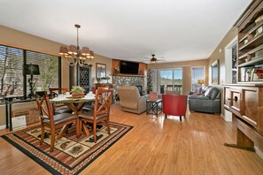 Smart TV, fireplace, books, video library