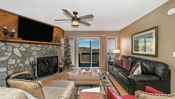 Smart TV, chimenea, libros y videoteca