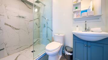 A bathroom with a glass-enclosed shower, a white toilet, a sink with a mirror above, and a blue cabinet.