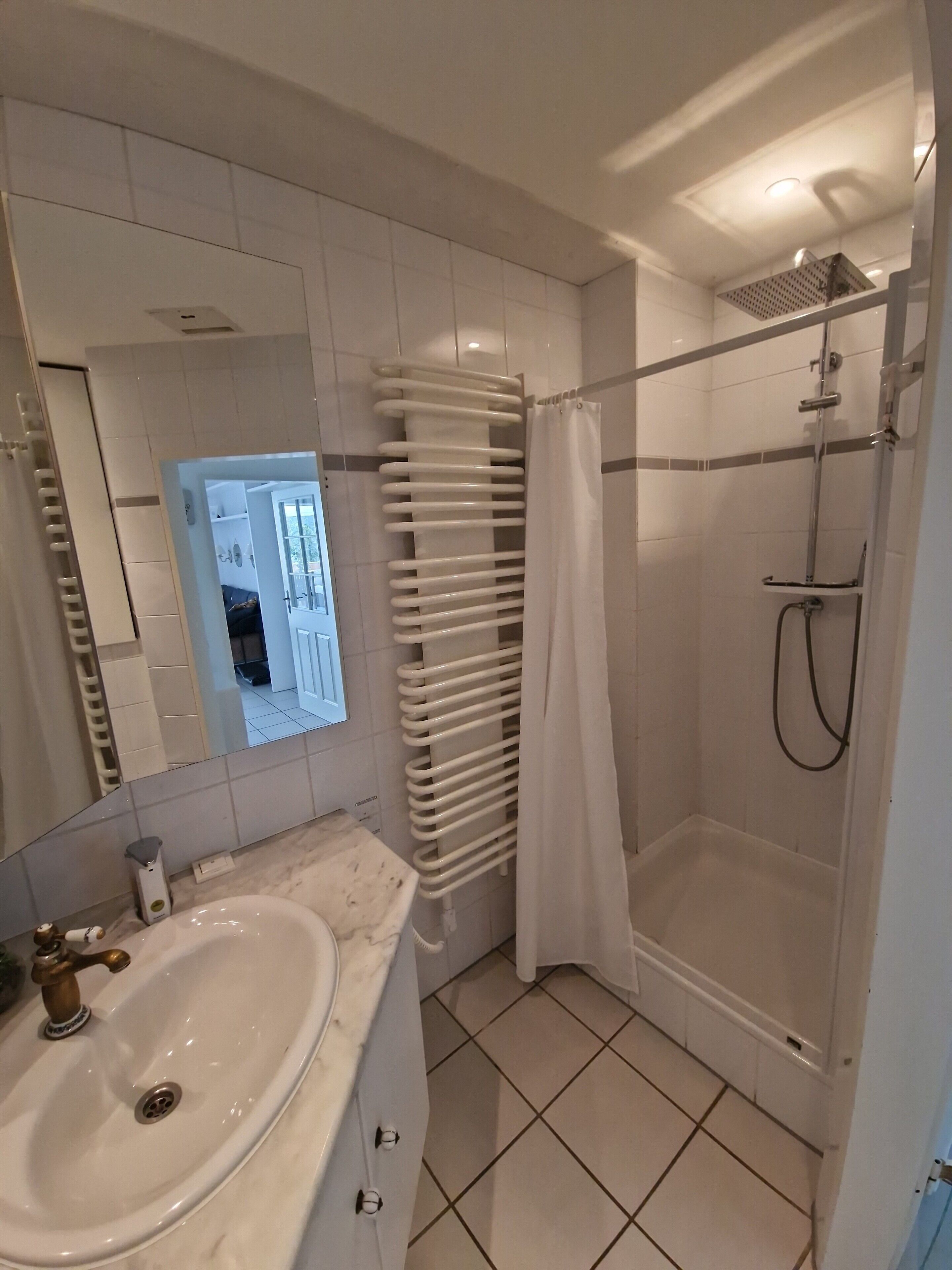 Dusj, hårføner, håndklær og toalettpapir