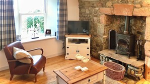 Una sala de estar acogedora con chimenea de piedra, un sillón de cuero cómodo, una mesa de centro de madera y un televisor sobre un mueble de madera.
