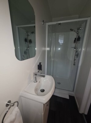 Shower, hair dryer, towels, soap
