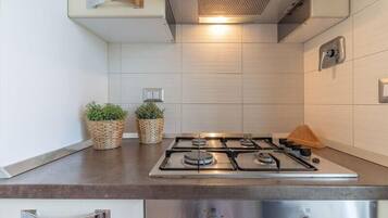 Kühlschrank, Ofen, Herdplatte, Wasserkocher mit Kaffee-/Teezubehör