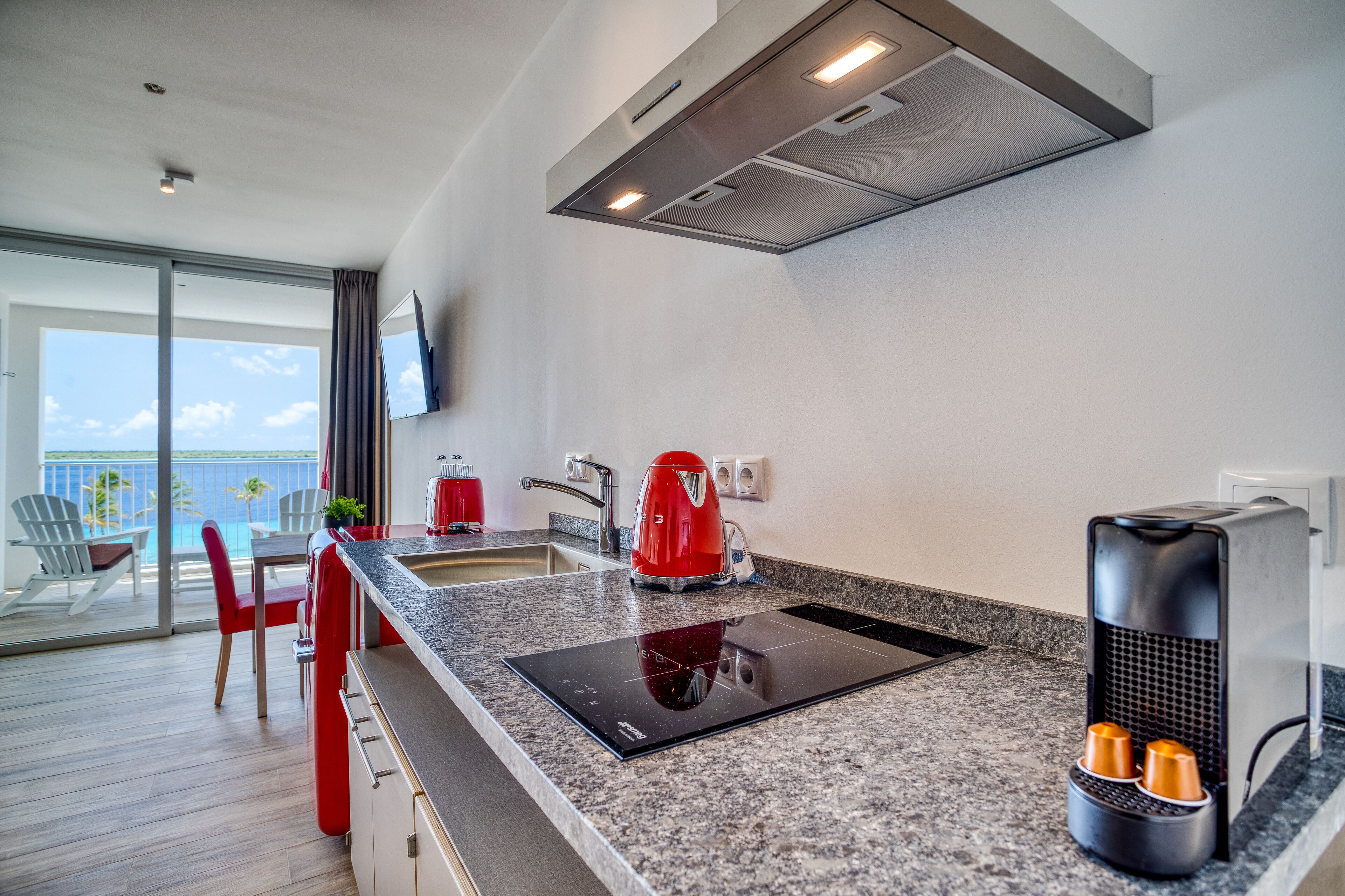 Full-sized fridge, microwave, stovetop, espresso maker