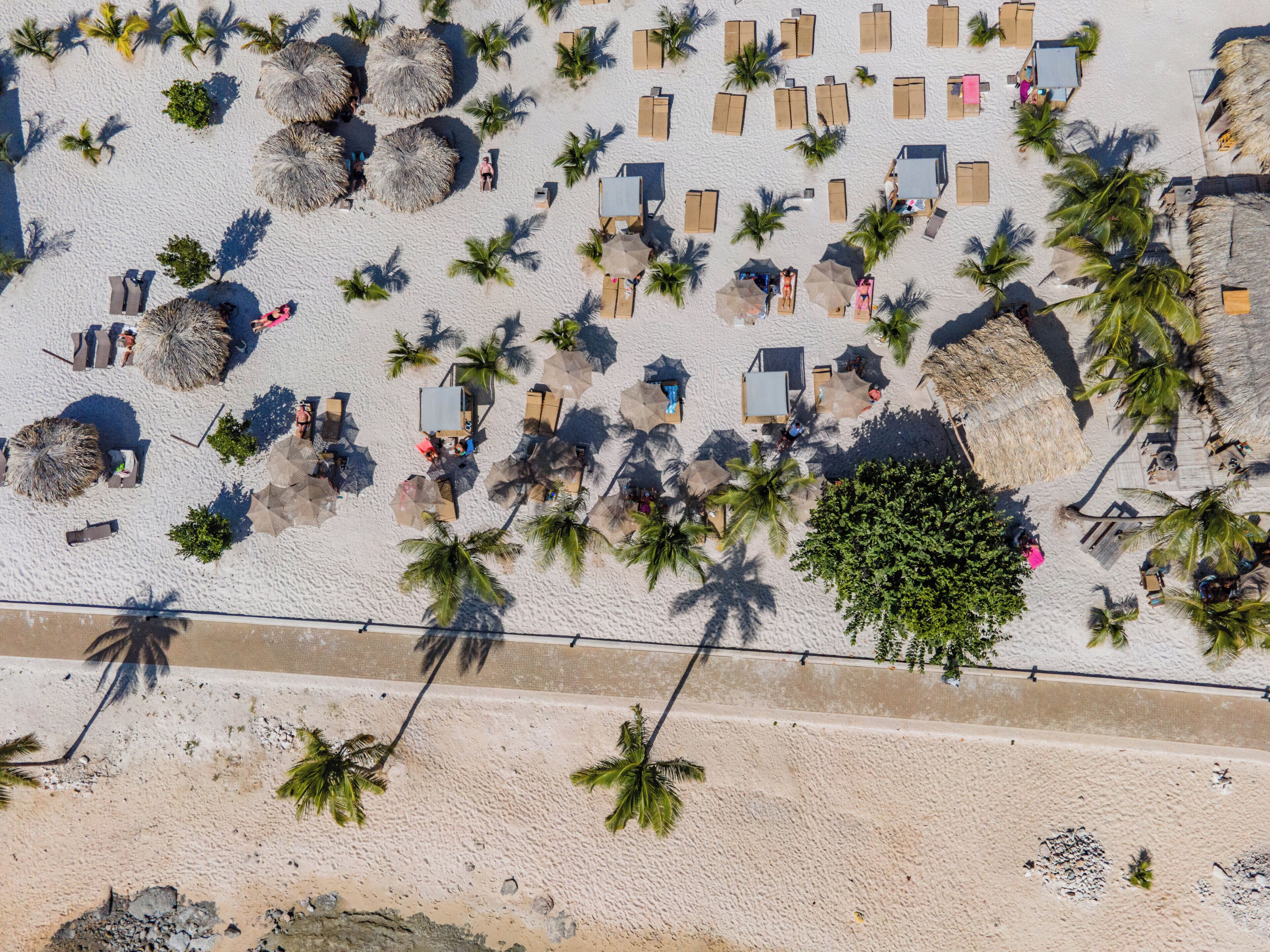 An aerial view of a beach with multiple thatched-roof huts, palm trees, and sun loungers.
