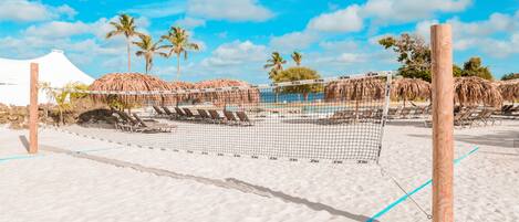 A beach volleyball court with a net, surrounded by lounge chairs and palm trees.