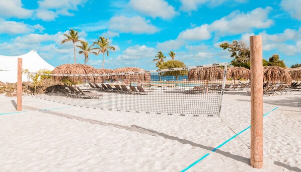 Una cancha de voleibol de playa con red, rodeada de sillas de descanso y palmeras.
