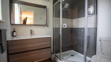 Combined shower/bathtub, hair dryer, towels, soap