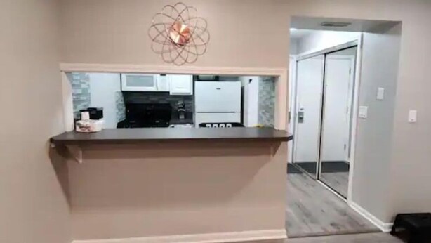 A kitchen with a countertop and a microwave. There is a door leading to another room. - Cozy contemporary 1-bedroom condo with fireplace (Aurora)