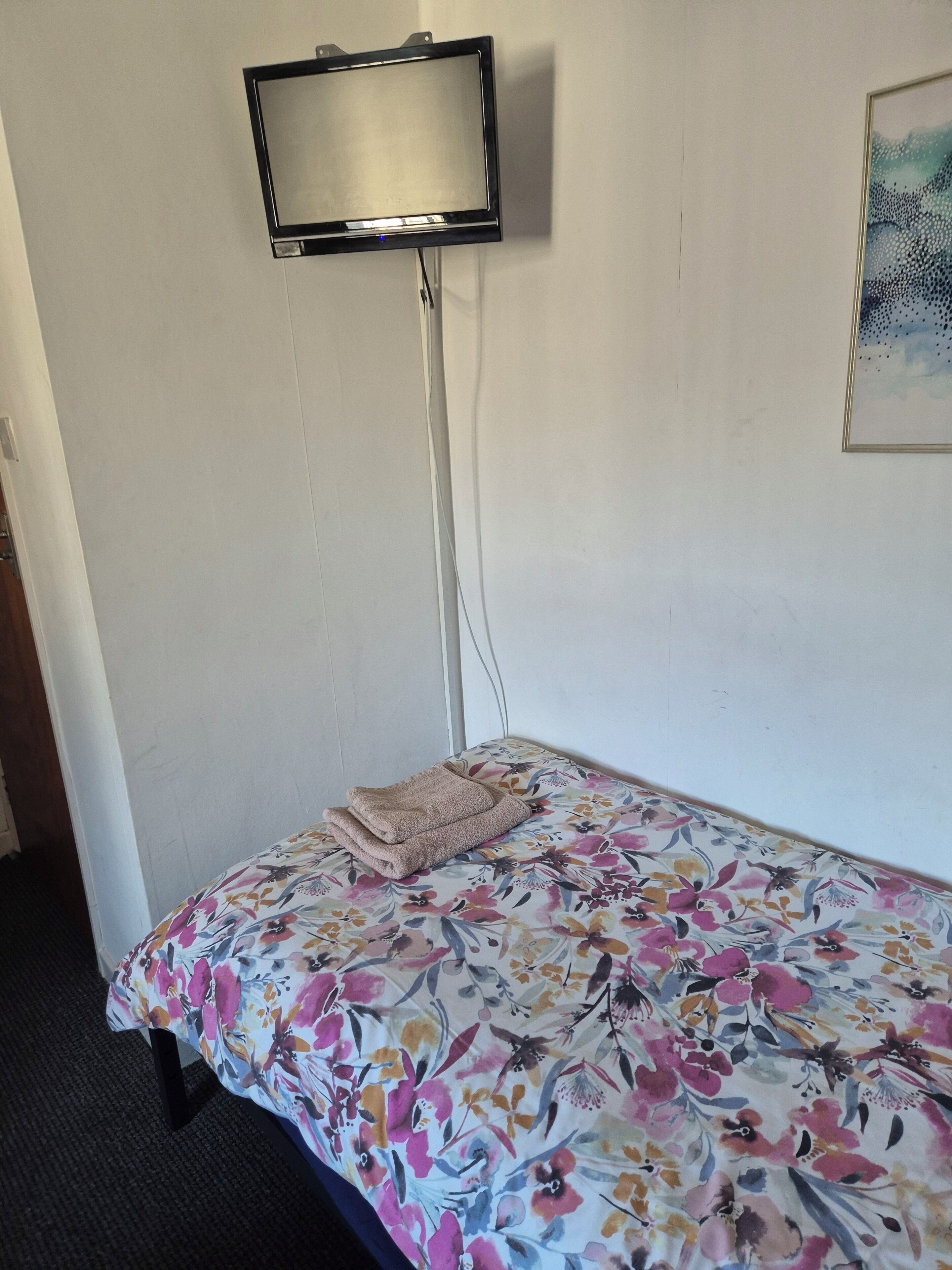 A single bed with a floral bedspread, a television mounted on the wall, and a painting on the wall.