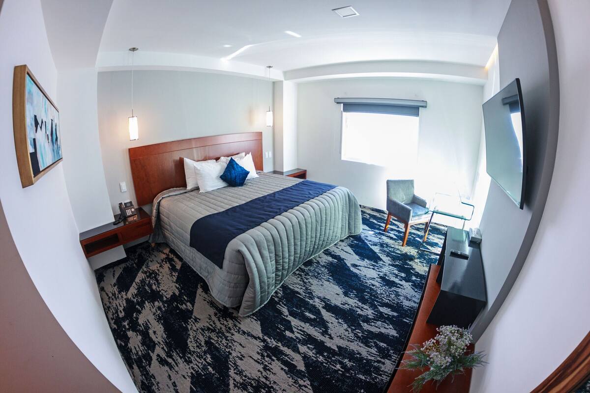 Habitación de hotel moderna con una cama grande, un escritorio, una silla, un televisor y una ventana con vistas.