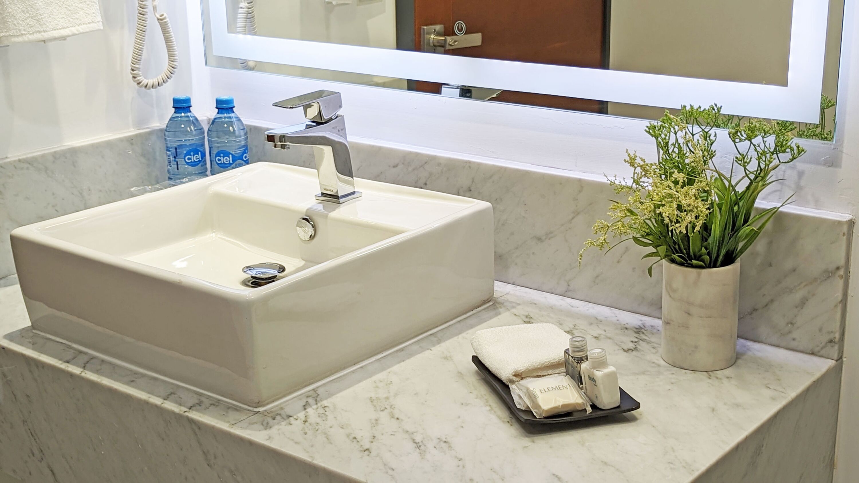 A bathroom with a white sink, a mirror, a potted plant, and toiletries on the counter.