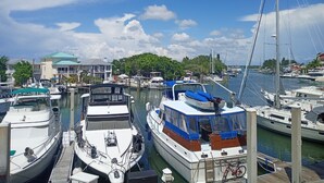 A marina with several boats docked, a building with a green roof, and a clear sky.