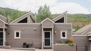Een modern huis met twee verdiepingen, een grijze gevel, een voordeur en een klein portaal met plantenpotten.