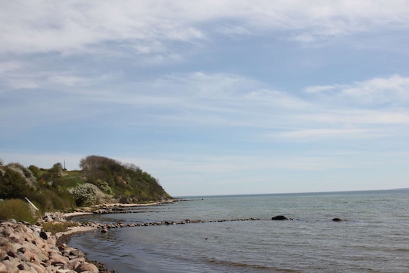 A coastal landscape with a rocky shoreline, calm sea, and a hill with sparse vegetation.