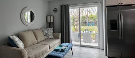 Smart TV, fireplace, books