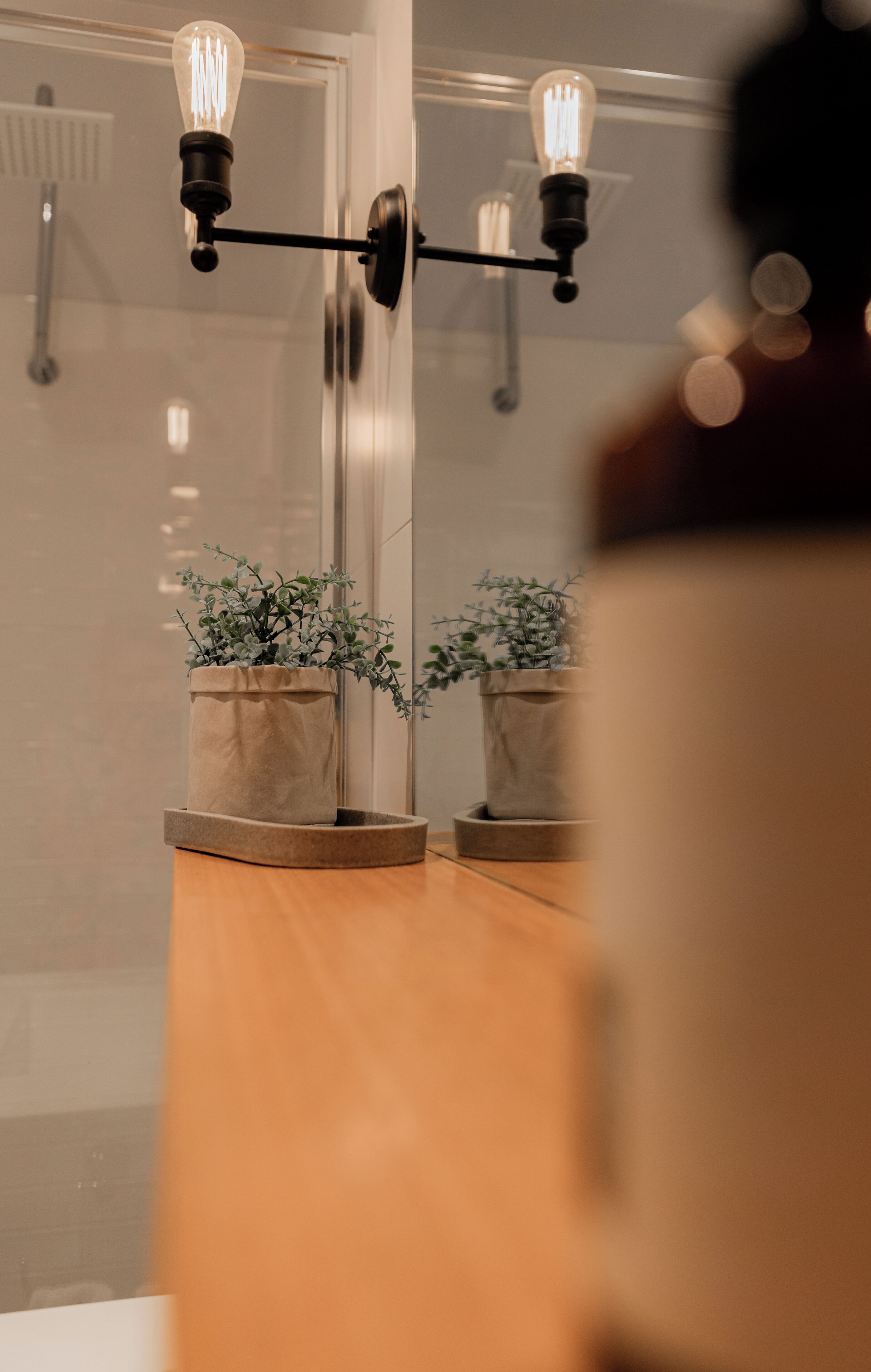 Un baño con un tocador de madera, dos plantas en macetas y un espejo.