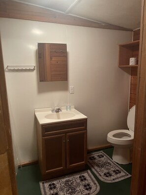 A small bathroom with a wooden vanity, a white sink, a mirror, a toilet, and a small shelf with toilet paper. - Pond Breeze Cabin (Swan Quarter)