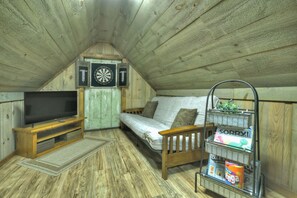 Smart TV, fireplace, foosball