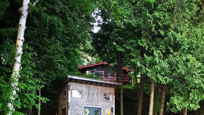 A wooden cabin with a deck, surrounded by trees and a body of water. - 3 BR Harp Hygge House. Only 8min to Hidden Valley! (Huntsville)