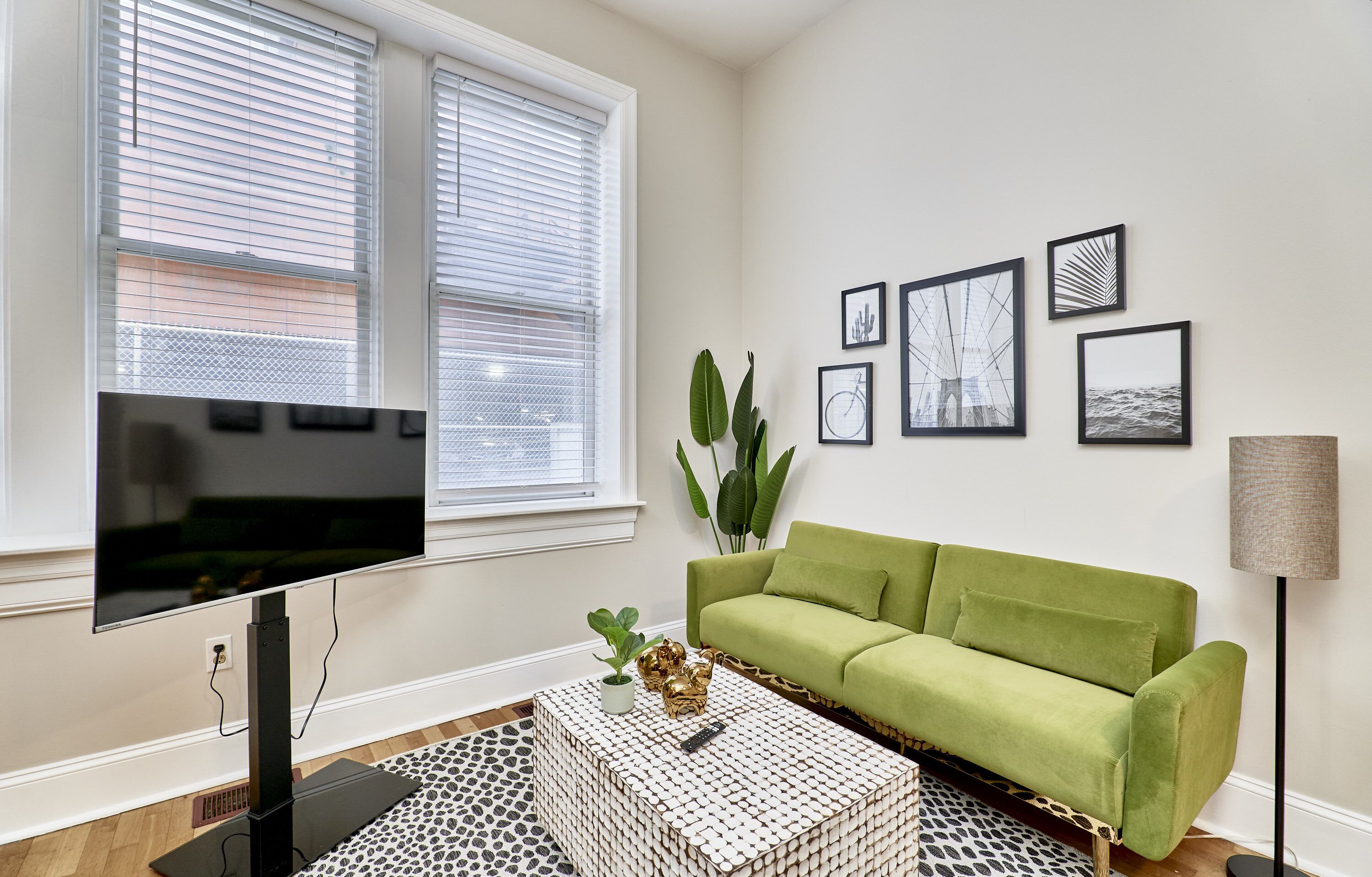 Sala de estar com televisão de tela plana, sofá verde, mesa de centro estampada e quadros nas paredes.