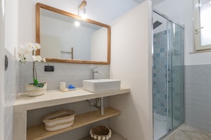Shower, hair dryer, bidet, towels