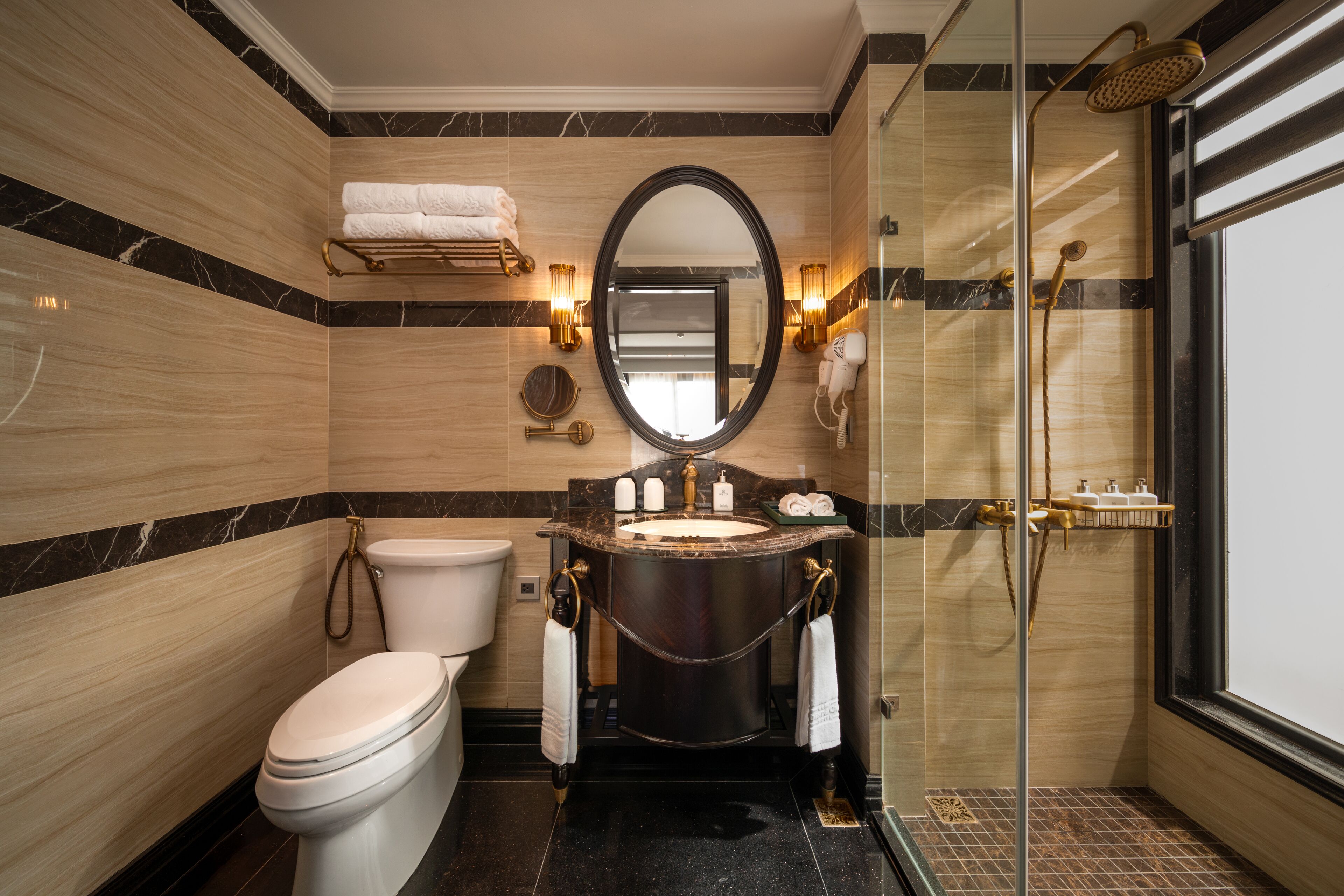 shower, hydromassage showerhead, designer toiletries, hair dryer