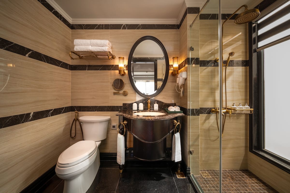 shower, hydromassage showerhead, designer toiletries, hair dryer