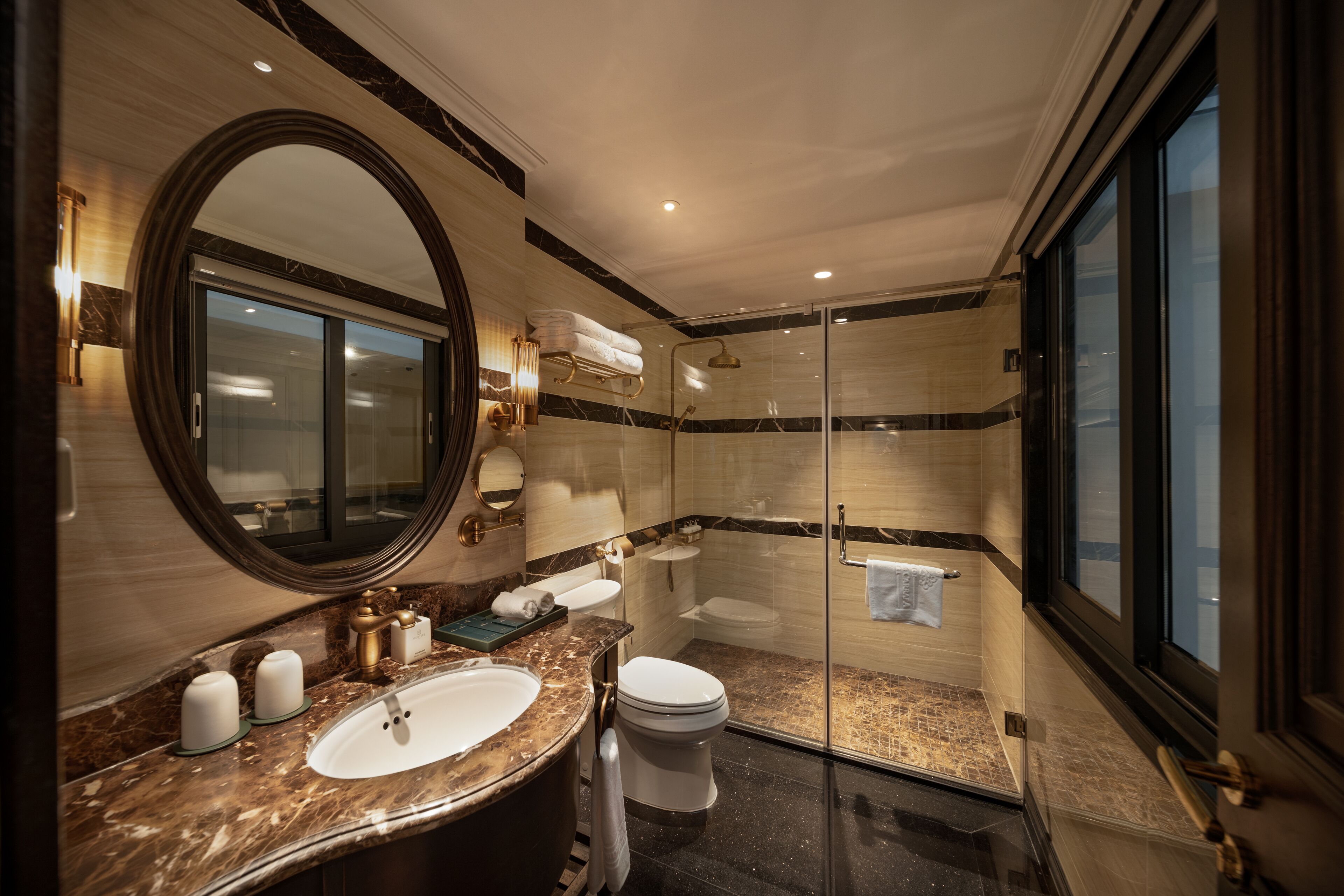 shower, hydromassage showerhead, designer toiletries, hair dryer