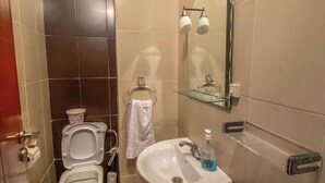Een badkamer met twee toiletten, een wastafel, een spiegel en een glazen plank.
