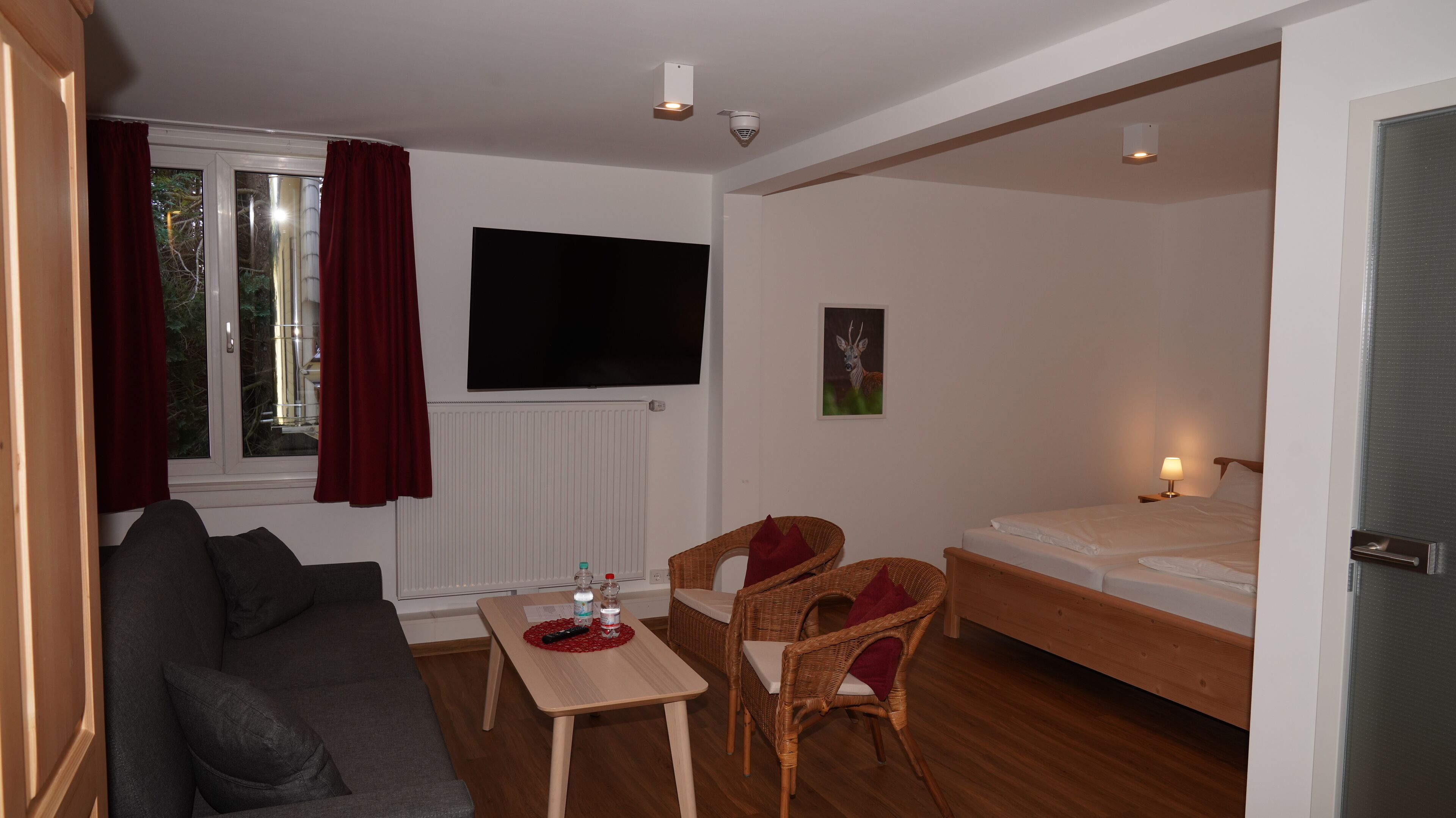 A room with a sofa, a table with a bottle and glass, two wicker chairs, a bed, a TV, and a radiator.