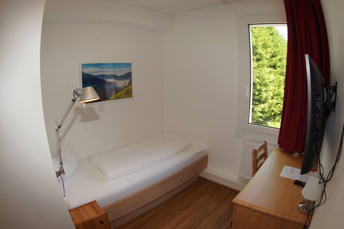 A small, single-bed room with a desk, a lamp, a window with a view of greenery, and a painting on the wall.