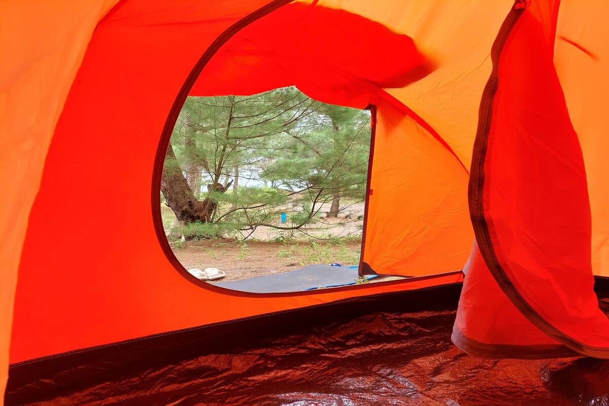 A tent with a circular entrance, a black mat inside, and a view of trees and a dirt path outside.