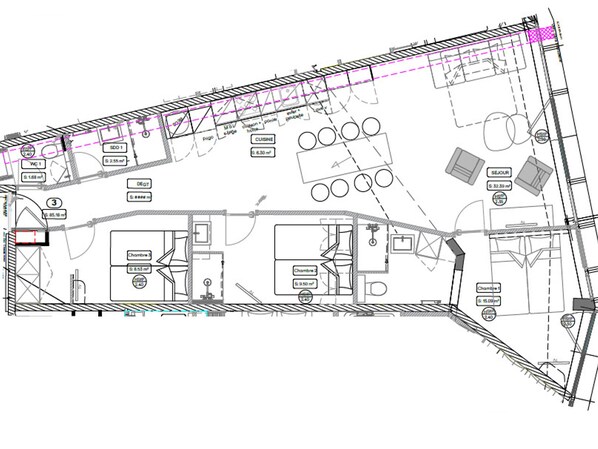 A detailed architectural floor plan of a hotel with multiple rooms, a dining area, and a kitchen. - Premium Apartment 86m² for 8 in Tignes with Wi-Fi (Tignes)